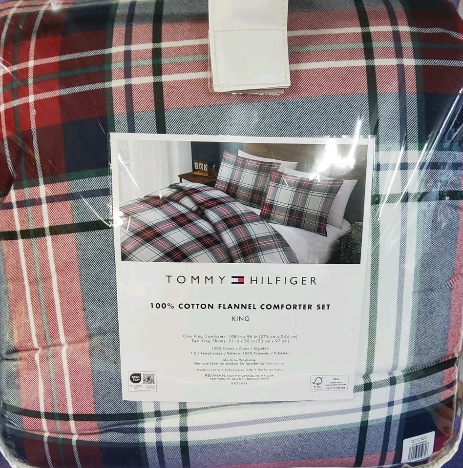 "Juego de edredón Tommy Hilfiger Devon tartán rojo rey a cuadros de algodón 108""x96""" Foto 1 de 4