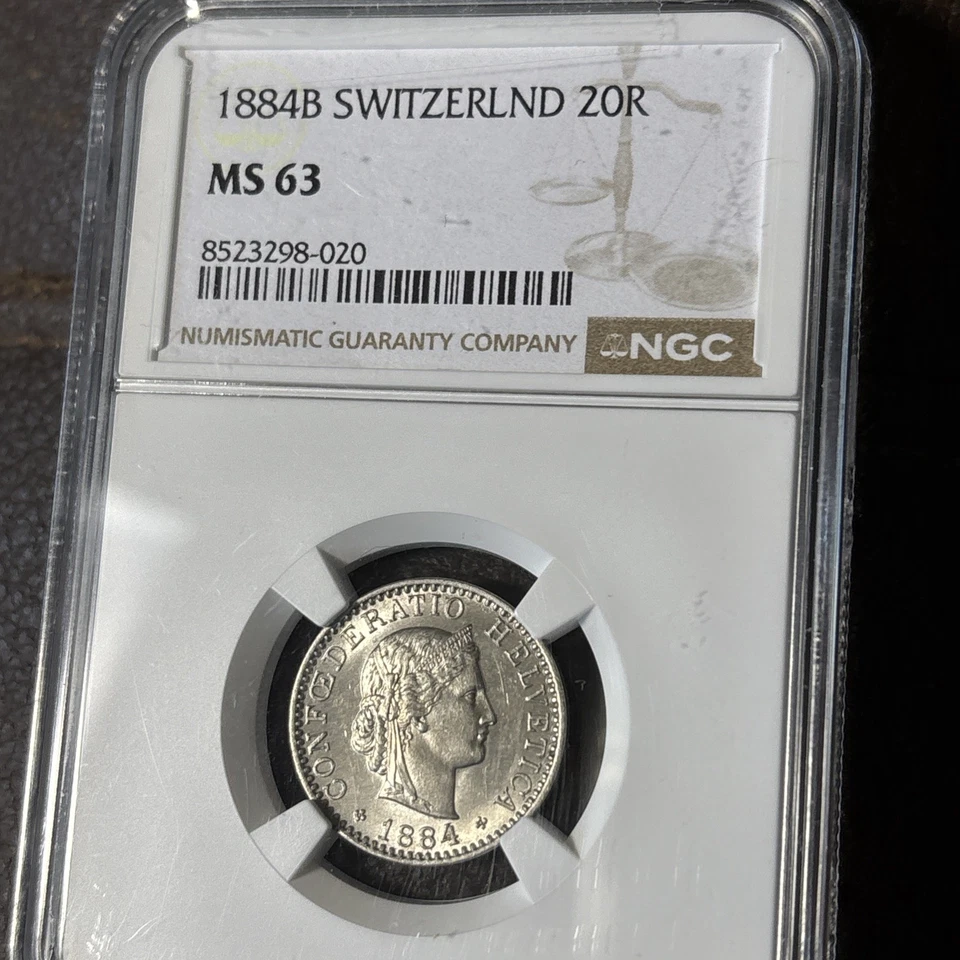1884B Swiss 20 Rappen NGC MS63 Pop 2/4 Nice Luster! - Image 1 of 1