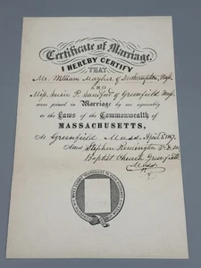 Antique April 3, 1867 Marriage License Certificate Greenfield Massachusetts - Picture 1 of 7