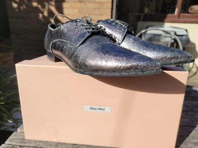Miu Miu Brogues Gunmetal Grey Metallic Designer Leather Pointed Toe Lace  - Image 1 of 4