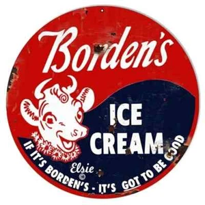 BORDENS ICE CREAM 8"ALUMINUM METAL SIGN ELSIE THE COW RETRO MANCAVE GARAGE ART - Picture 1 of 1