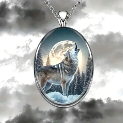 Collar colgante Moon Howl Wolf joyería ovalada vintage plateado gótico naturaleza Foto 1 de 4