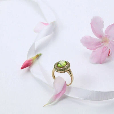 14K Yellow Gold FN 4.10CT Peridot & Sapphire Halo Style Wedding Ring 925 Silver - Image 1 of 4