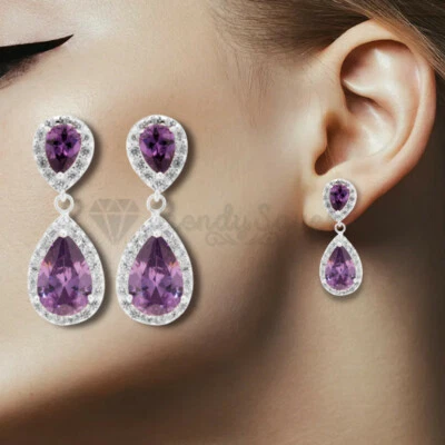 Purple Cubic Zirconia Pave CZ Halo Pear Shaped Dangle Drop Gold Plated Earrings - Image 1 of 4