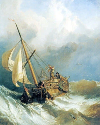 ON THE DOGGER BANK 1846 SAILBOAT SEA STORM PAINTING BY CLARKSON STANFIELD REPRO - Image 1 of 3