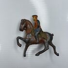 F Cast Iron Figurine Toy Vtg Orange Soldier On Horse