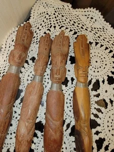 Vintage MCM Hand Carved Wood Tribal Tiki Serving Spoon,Fork & Knives Utensils - Picture 1 of 7