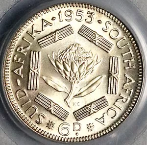 1953 PCGS PR 67 South Africa 6 Pence Gem Proof Protea Flower Coin (23060102C) - Picture 1 of 6