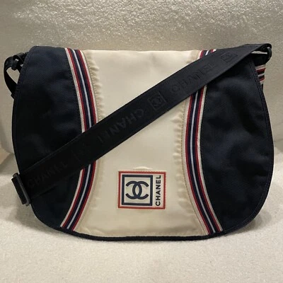 Vintage Chanel Sport Bag Crossbody Messenger Navy White Logo Strap Rare - Image 1 of 4