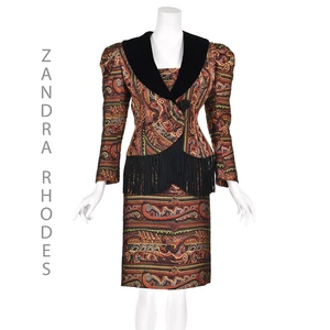 ZANDRA RHODES Rare '80s Jacquard Suit with Velvet Lapels & Long Black Fringe SM - Picture 1 of 9