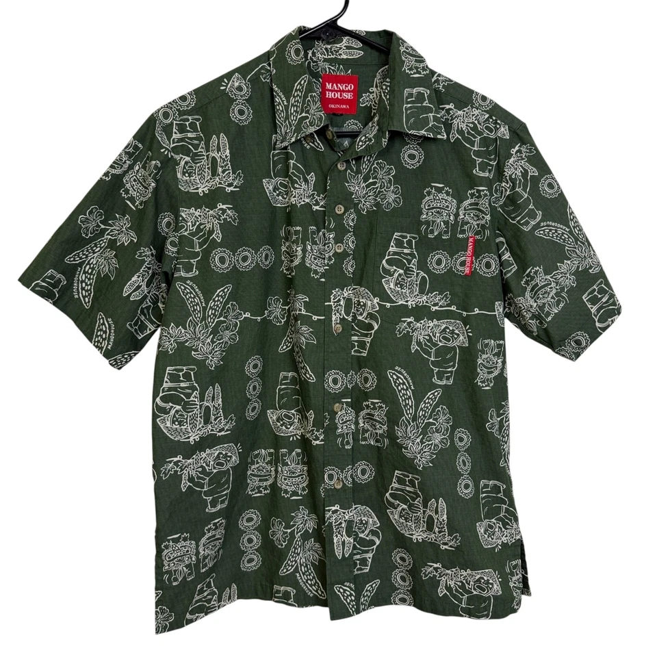 Camisa Hawaiana Mango House Okinawa Para Hombre Mediana Verde Shisa Japón Gráfico Playa Foto 1 de 4