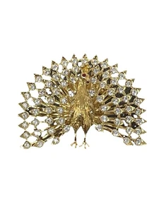 Peacock Rhinestone Brooch Pin Gold Tone Multi Fan Plumage Red Enamel Eye - Picture 1 of 8