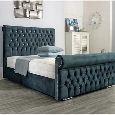 New Sleigh Bed Frame Plush Velvet Upholstered Ottoman Gas Lift Storage Double UK - Image 1 of 2