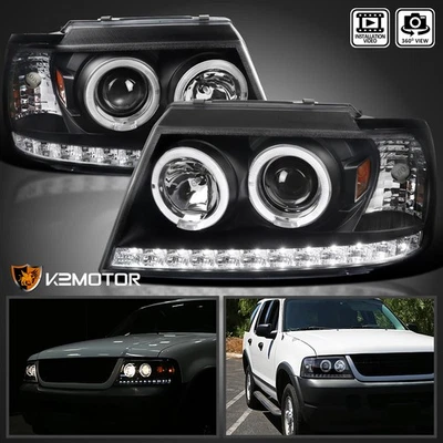 Black Fits 2002-2005 Ford Explorer LED Strip Projector Headlights Headlamps Pair Foto 1 de 4