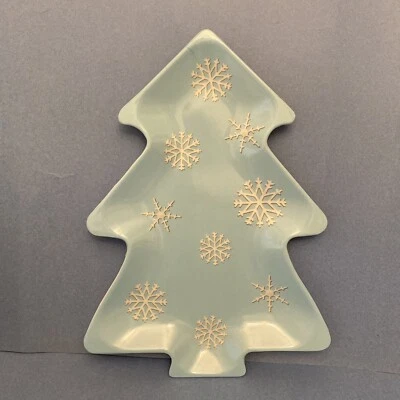 Vintage Hard Plastic Blue w/Snowflakes Christmas Tree Dish Candy Party Tray~12”T - Image 1 of 4