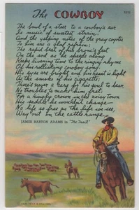 The Cowboy Poem By James Adams Steer Rancher Horseback Curteich Linen Postcard - Picture 1 of 2