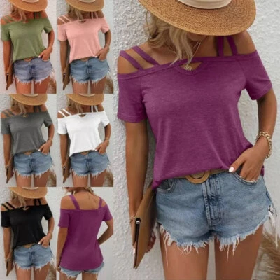 Womens Cold Shoulder Blouse Tunic Tops Summer Short Sleeve T-shirt Tee Holiday < - Image 1 of 4