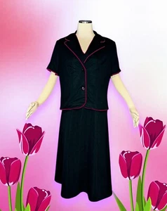 VTG SEARS FASHIONS 2 Piece Jacket Sleeveless Dress Black PINK TRIM Womens Medium - Picture 1 of 13