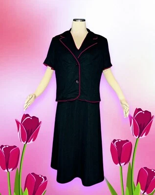 复古 SEARS FASHIONS 2 件套夹克无袖连衣裙黑色粉红色饰边女式中号 — 第 1/4 张图片