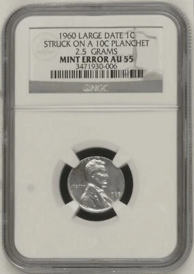 1960 NGC AU55 Lincoln Cent on SILVER Dime Planchet!!  🔴 1C Struck on Silver 10C - Image 1 of 4