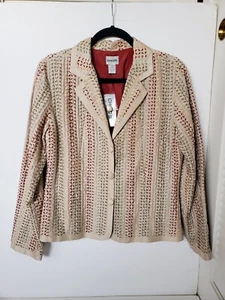 Chico's Silk Embroidered Vintage Beige Stitched Tasya Blazer Size 1 US 8 - Picture 1 of 13