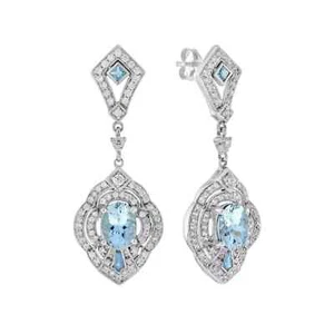 Orecchino goccia acquamarina diamante creato in laboratorio stile art deco finitura oro bianco 14 kt - Foto 1 di 12