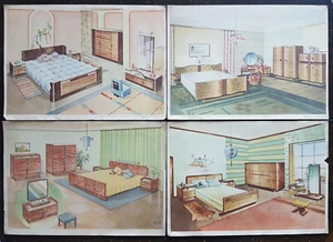 4 tavole a colori, arredamenti di camere da letto, anni '30 - Foto 1 di 2