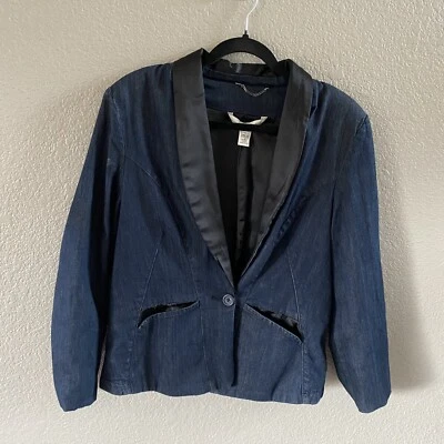 MNG By Mango Blazer Jacket  Womens XL Blue Black Denim Satin Trim Single Button - Image 1 of 4
