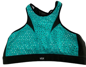 VICTORIAS SECRET VSX Women Laser Cutout Sports Bra Sz L Green Black Gym 40-7 - Picture 1 of 7