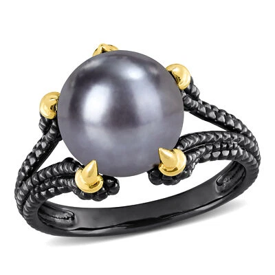 Amour Men's Black Rhodium Plated Yellow Silver Black FW Pearl Split-Shank Ring - Image 1 of 4
