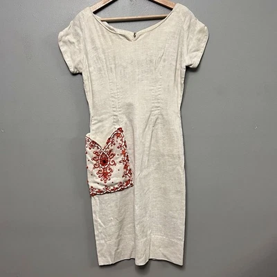 VTG 40/50s Embroidered Linen Dress W/ Glass Stones & Large Pocket Size Medium - Image 1 of 4