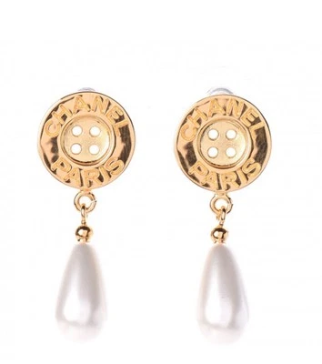 Pendientes colgantes CHANEL Metal Perla París Botón Oro  Foto 1 de 4