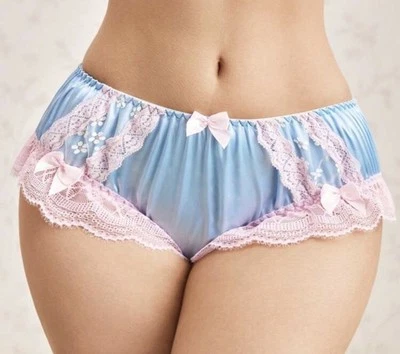 Glossy Smooth Blue Satin w Frilly Pink Lace & Bows Full Back Panties XL NEW - Image 1 of 4