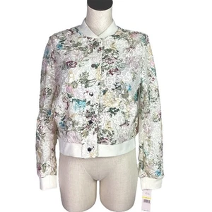 Nanette Lepore Lace Jacket Womens M Ivory Floral Snaps Long Sleeve Lined NEW - Picture 1 of 10