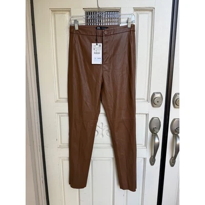 Zara Women's Brown Faux Leather High Rise Leggings Pants Size Medium NWT - Image 1 of 4