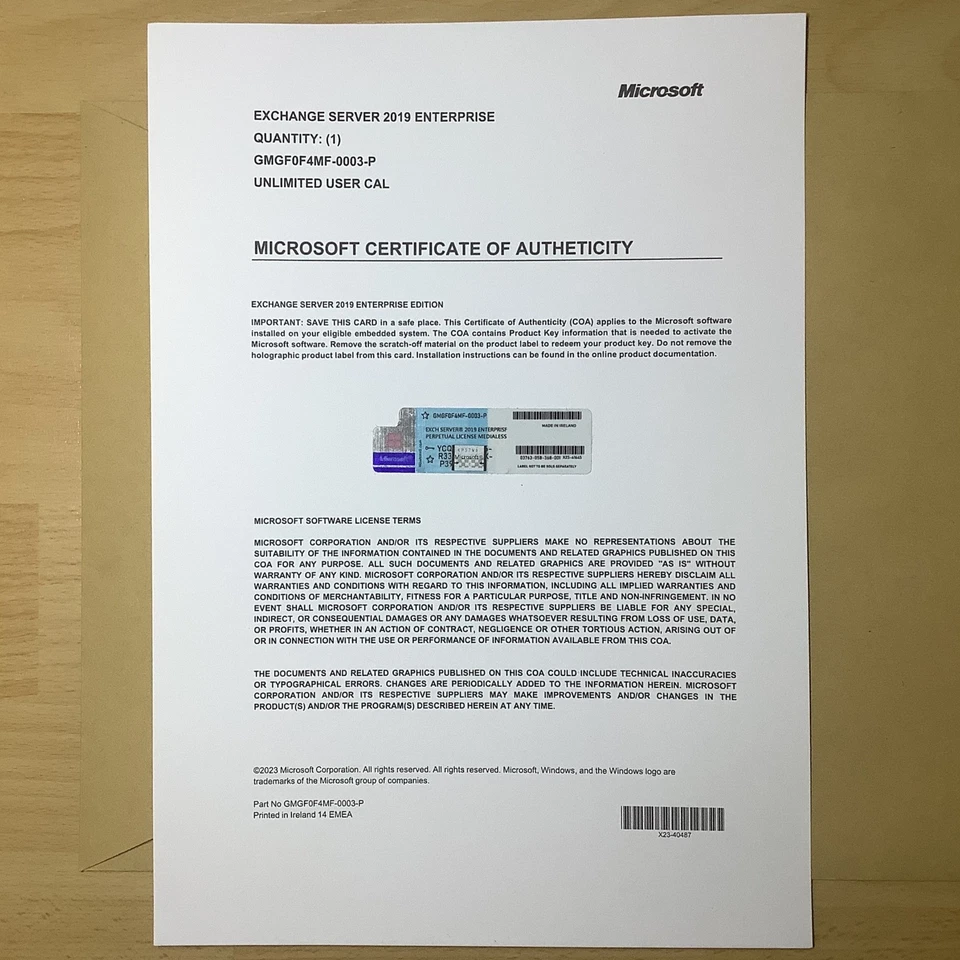 Microsoft Exchange Server 2019 ENTERPRISE 1000 CAL CoA GMGF0F4MF AUTHENTIC