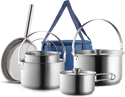 Camping Cookware Set 304 Stainless Steel 8-Piece Pots & Pans Open Fire Cooking K - Image 1 of 4