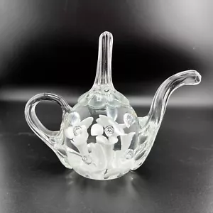 Vintage Joe St. Clair White Floral Art Glass Teapot Paperweight Ring Holder - Picture 1 of 12