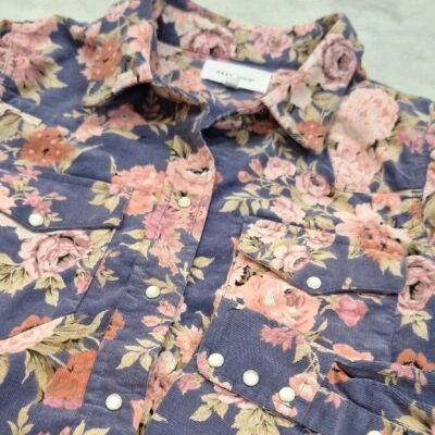 Blusa Dear John Veludo Rosa Azul Floral Pérola Ocidental Snap Vaqueira Grande - Imagem 1 de 4
