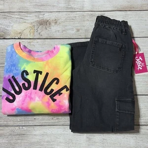 Girls Justice Outfit Size 8. NWT! Tie Dye Sweatshirt And Black Cargo Jeans. - Picture 1 of 12