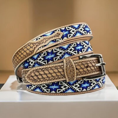 Beaded Western Belt Cowboy Rodeo Full Grain Leather Hand Tooled Removable Buckle - Image 1 of 4