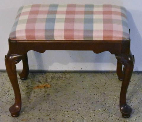 Ethan Allen Mahogany Queen Anne Footstool Bench Stool Plaid Check Fabric Cover