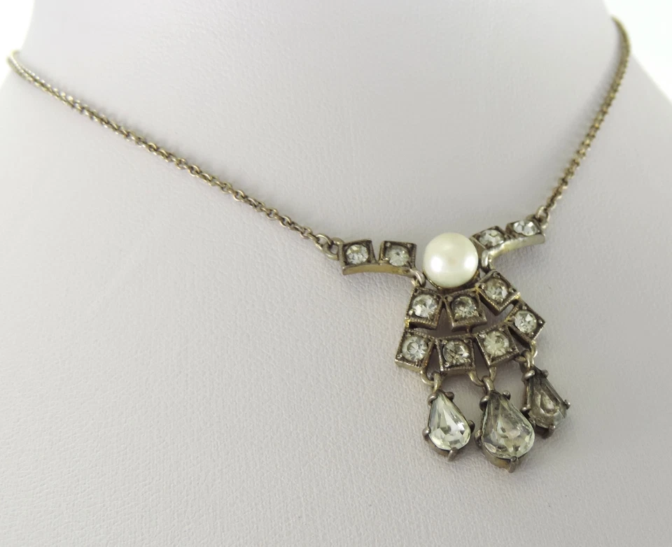 Antik  Collier mit  Strasssteine & Perle 835er Silber  43 cm - Bild 1 von 4