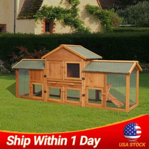 2-Tier Rabbit Hutch Wooden Bunny Cage Pet Cage with Run Resting Box Outdoor - Picture 1 of 9