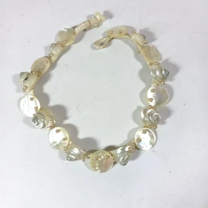 Miriam Haskell Muschel MOP Scheibe Halsband Halskette gewebtes Seidenband unsigniert - Bild 1 von 6
