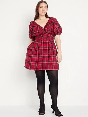 Old Navy Red Tartan Plaid Puff Sleeve Mini Dress Size L Holiday Cottagecore NWT - Image 1 of 4