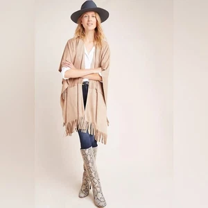Anthropologie Andersen & Lauth Faux Suede Poncho Tan Open Front with Fringe hem - Picture 1 of 16