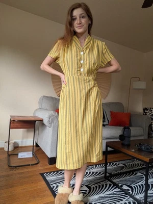 1940s Yellow and Grey Striped Day Dress - Image 1 of 4