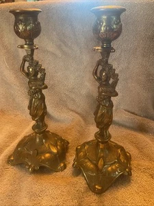 Vintage Pair Brass Beautiful Maidens Figural Candle Holders 9” - Picture 1 of 8