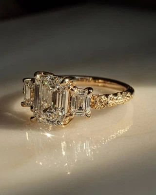 5.50 Ct Emerald-Cut Lab Grown Diamond Three Stone Wedding Ring 14k Yellow Gold - Image 1 of 4